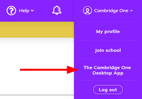 Screenshot highlighting the cambridge one desktop app option in the drop-down menu