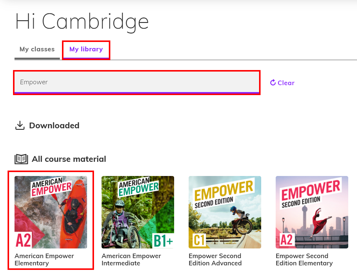 Screenshot of the Cambrige One Desktop App highlighting my library, the search bar and and active product