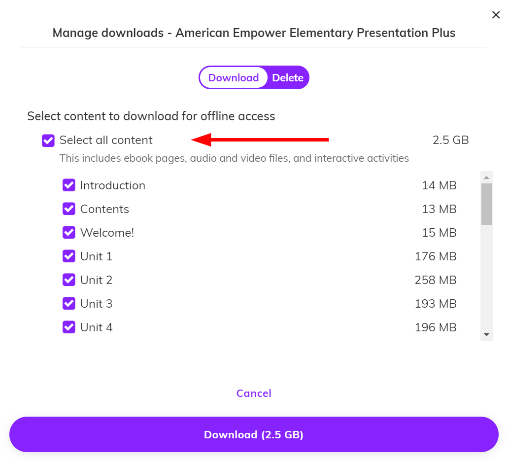 Screenshot showing check boxes to download all content or specific units