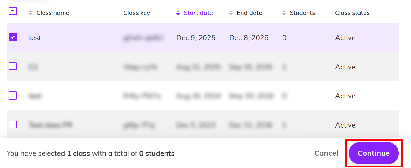 Screenshot highlighting the 'Continue' button enabled after selecting the desired classes