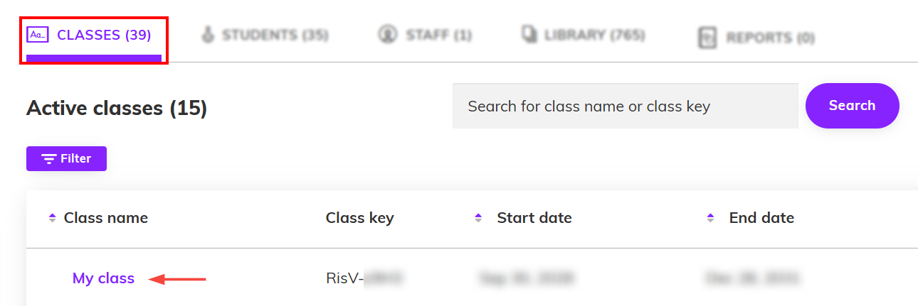 Screenshot of the administrator dashboard highlighting the 'Classes tab' and the name of a class