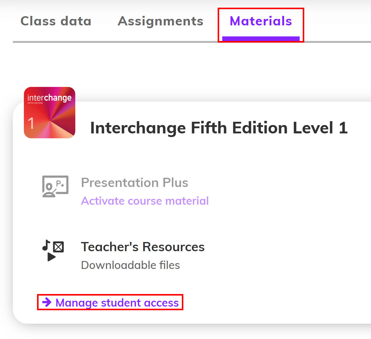 Screenshot highlighting the 'Materials' tab and the 'Manage student access' button