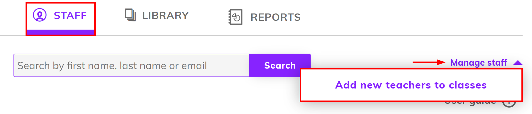 Screenshot of the 'Staff' tab, the 'Manage staff' menu and the 'Add new teachers to classes' are highlighted