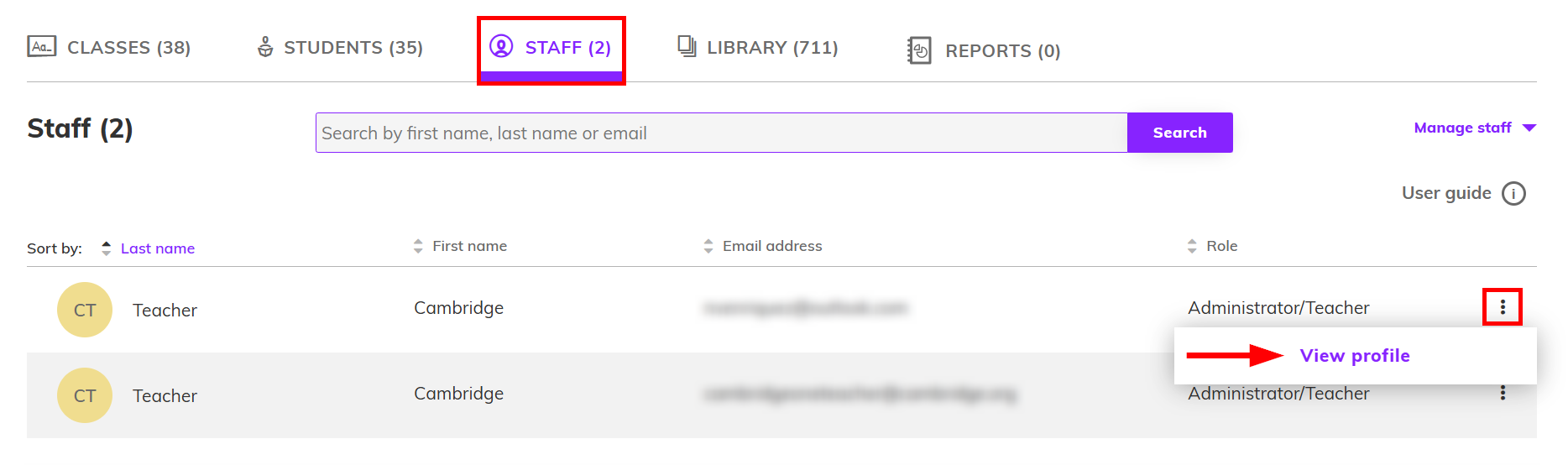 Screenshot of the 'Staff' tab highlighting the three dot menu and 'View profile' option