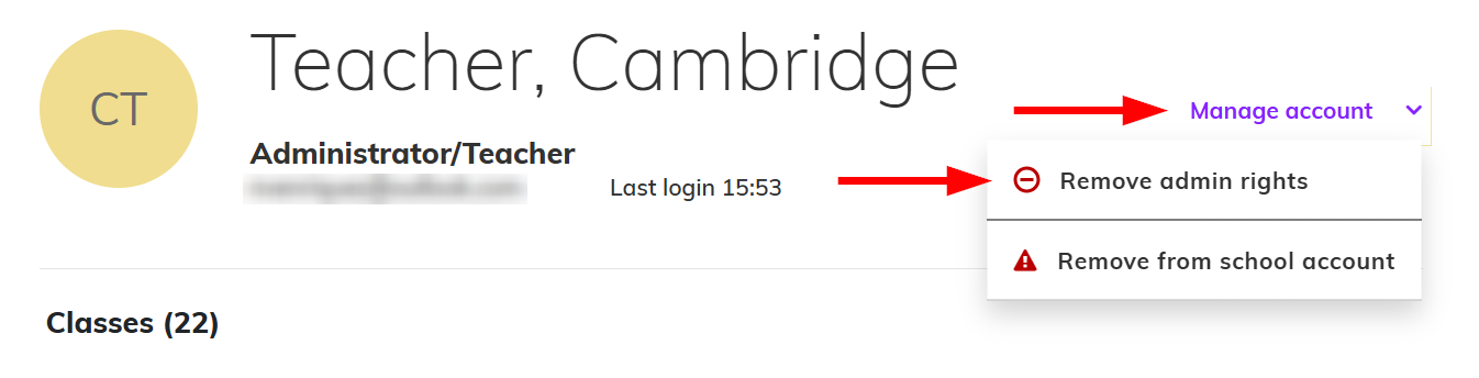 Screenshot of the 'Manage account' menu highlighting the 'Remove admin rights' option
