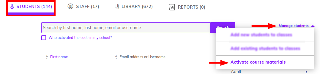 Screenshot of the 'Students' tab highlighting the 'Manage students' menu and the 'Activate course materials' option