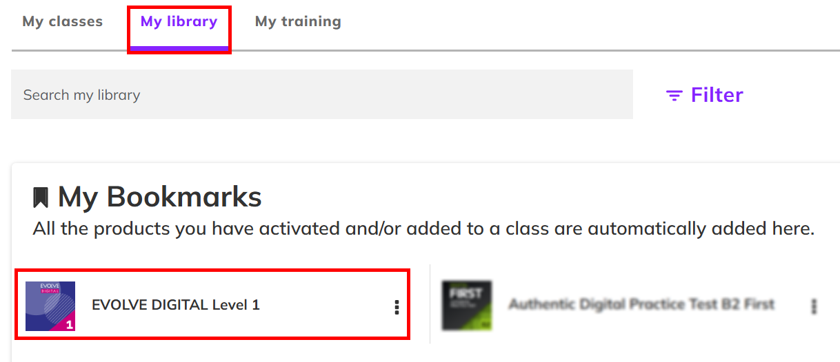 Screenshot highlighting a material in the 'My bookmarks' section under 'My library'