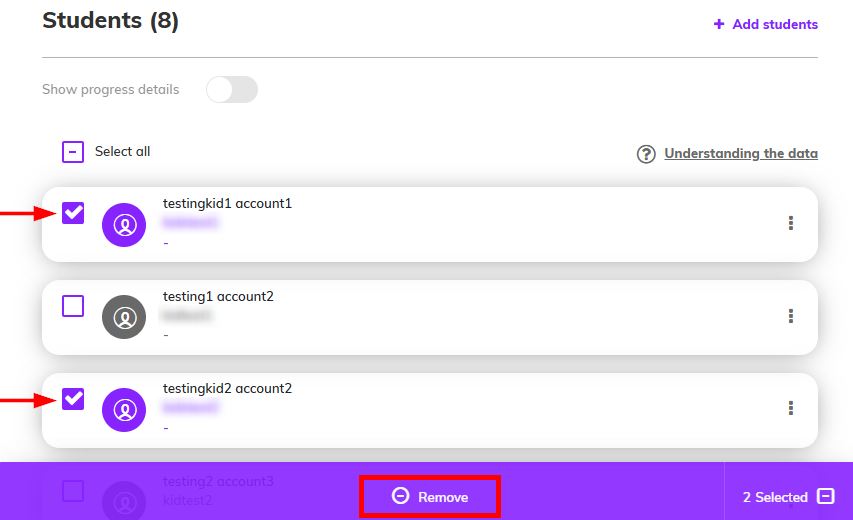 Screenshot showing the boxes ticked next to the students' names, highlighting the Remove button at the bottom