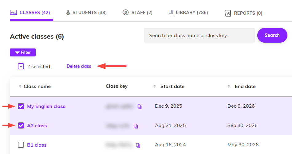 Screenshot highlighting the delete class button and the classes checkbox checked
