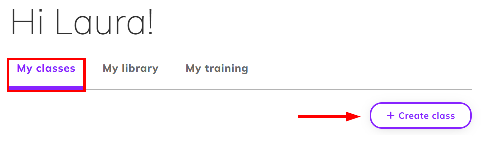 Screenshot highlighting the 'My classes' section and the +Create class button on the right