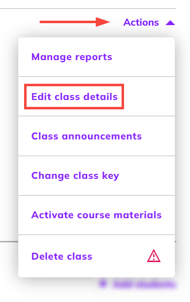 Screenshot of a 'Actions' menu edit class details name is highlighted