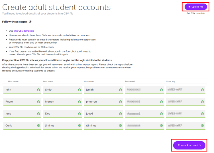 Screenshot showing the 'Create adult student accounts' window, where the '+Upload file' and the 'Create number of accounts' buttons are highlighted