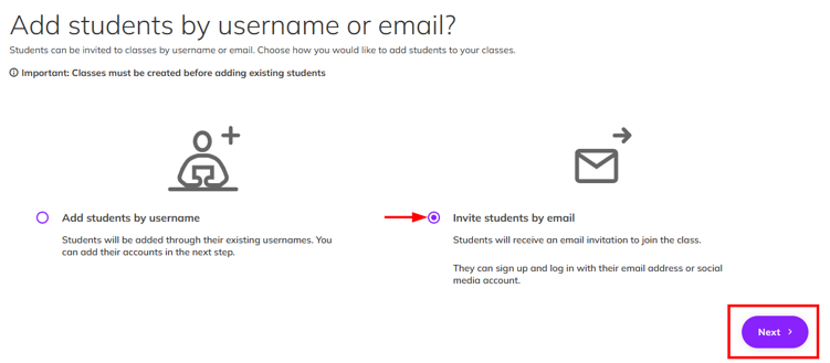 Screenshot from the 'Add students by username or email' window, where 'Invite students by email' is selected and the Next button is highlighted at the bottom
