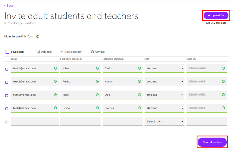 Screenshot of the 'Invite adult students and teachers' window, where the students details are visible and the 'Next' button is highlighted