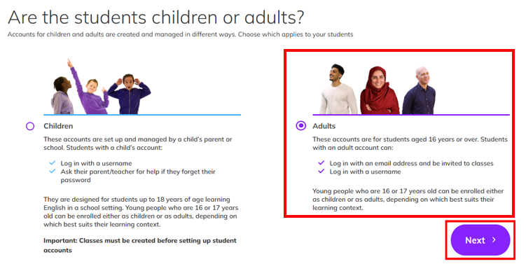 Screenshot showing 'Adults' selected from the student type options, and the next button is highlighted at the bottom