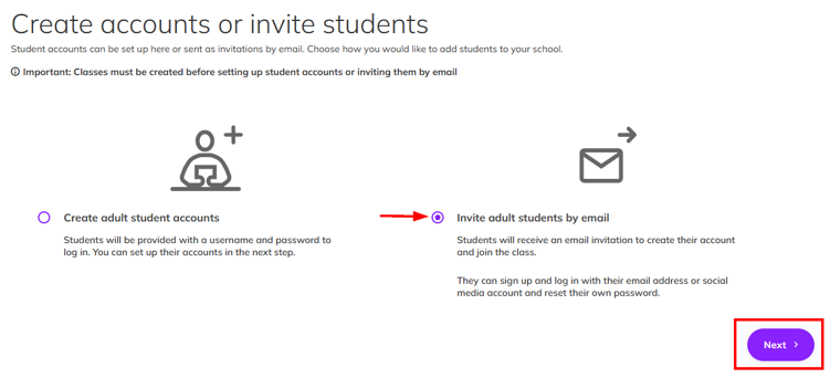 Screenshot where the 'Invite adult students by email' option is selected and the Next button is highlighted