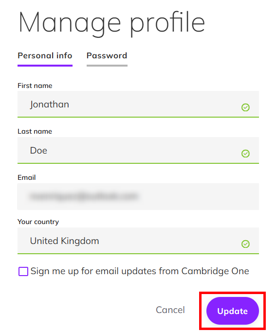 Screenshot showing the 'Manage profile' dialog box with the 'Update' button high