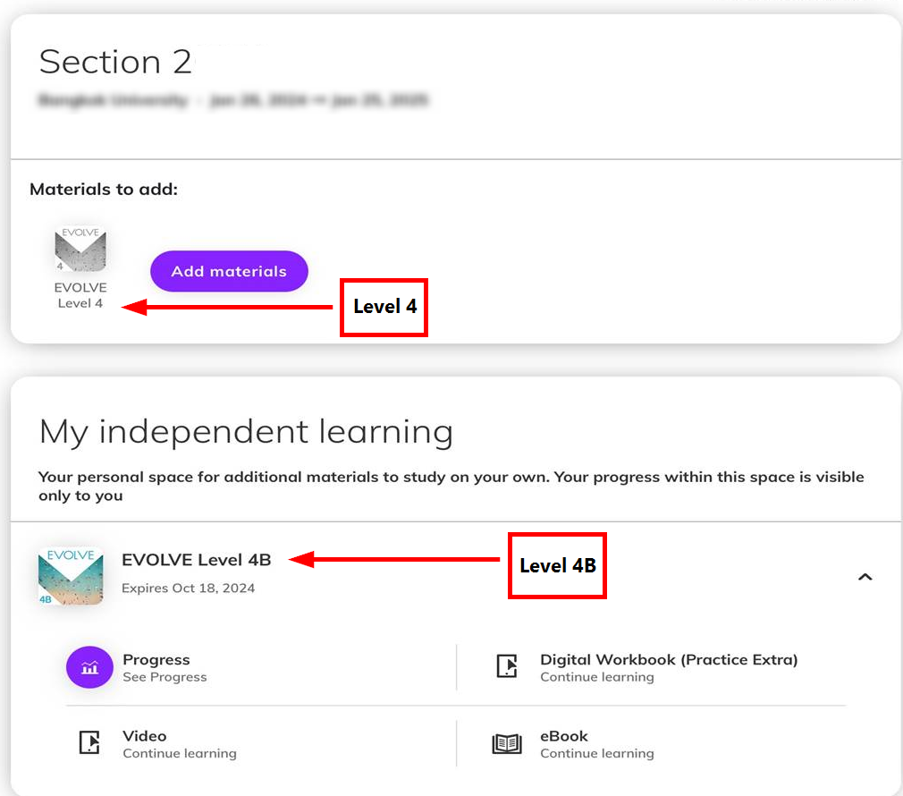 Screenshot shwoing the class created with level 4 and the level 4B materials activated under My independent learning
