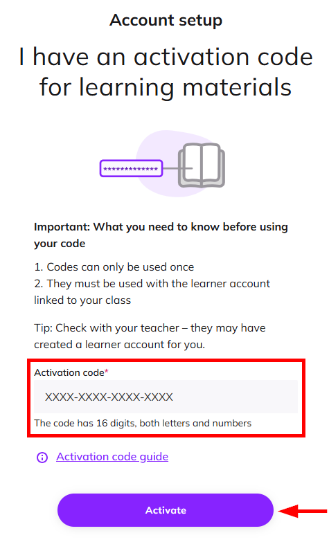Screenshot highlighting the field where the code must be entered and the 'Activate' button below