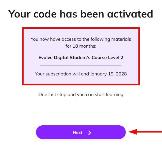 Screenshot showing the confirmation message, and at the bottom, the next button is highligted