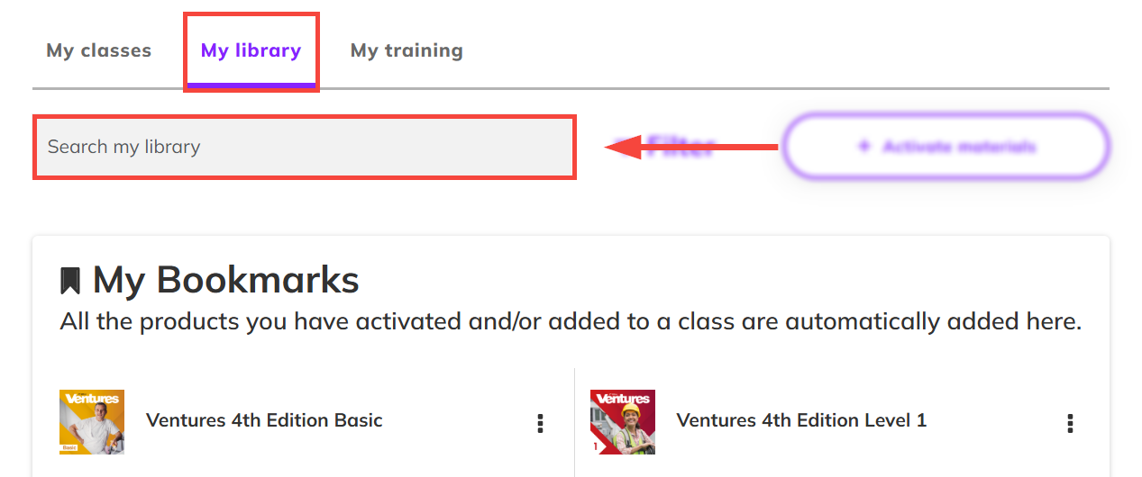 Screenshot highlighting My library the search bar and My bookmarks section