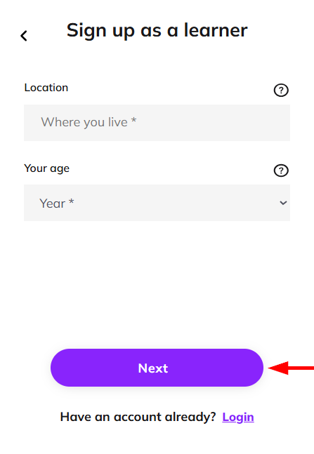 Screenshot showing the Location and Your age fileds and at the botton, the Next button is highlighted.png
