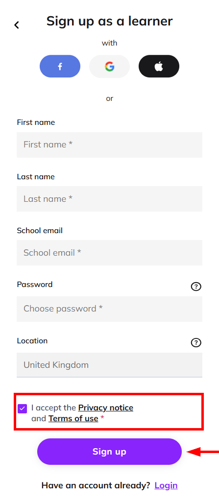 Screenshot showing the 'Sign up as a learner' screenshot highlighting the box ticked to accept terms and conditions as well as the 'Sign up' button