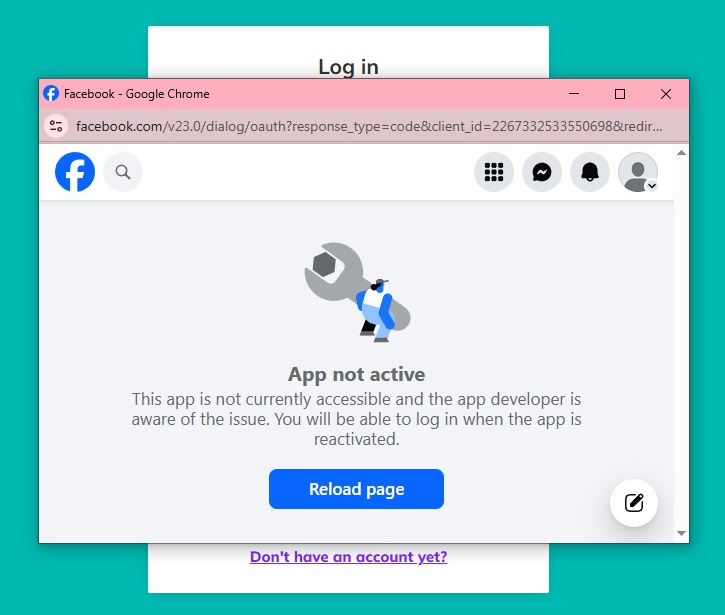 Screenshot of the App not active error message displayed when attempting to log in using the Facebook button