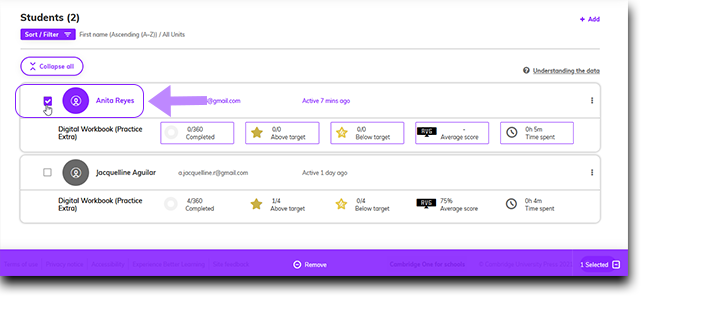 Screenshot showing a student account the box next to the student's name is ticked