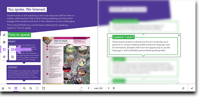 Screenshot showing a reading activity on a desktop browser with the 'spotlight' and 'mask' tools activated to focus on or hide parts of the page