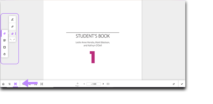 Screenshot showing an open eBook with the 'Tools' icon highlighted and the tools menu displayed on the left