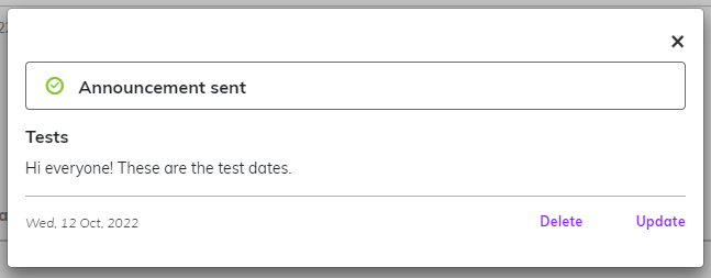 Screenshot showing confirmation of the announcement being sent